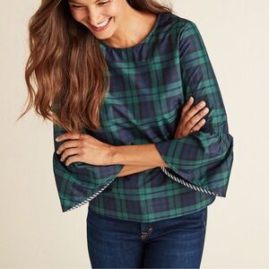 Vineyard Vines Green & Navy Plaid Bell-Sleeve Top